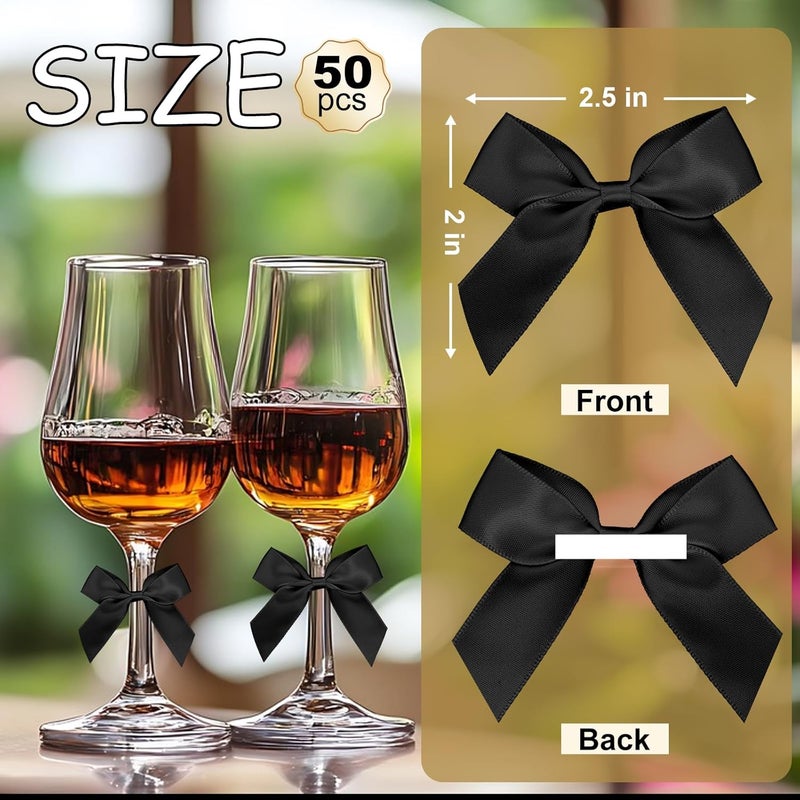 Sokfone Black Satin Ribbon Bows 2" Self Adhesive Satin Bows Gift Wrapping Premade Ribbon Bows with Double-Sided Tape for Making Crafts Birthday Party Wedding Valentines Decorations - 50Pcs - Image 3